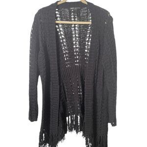 Elena Solano Women Black Open Knit Cotton Blend Fringe Cardigan‎ Sweater 1X